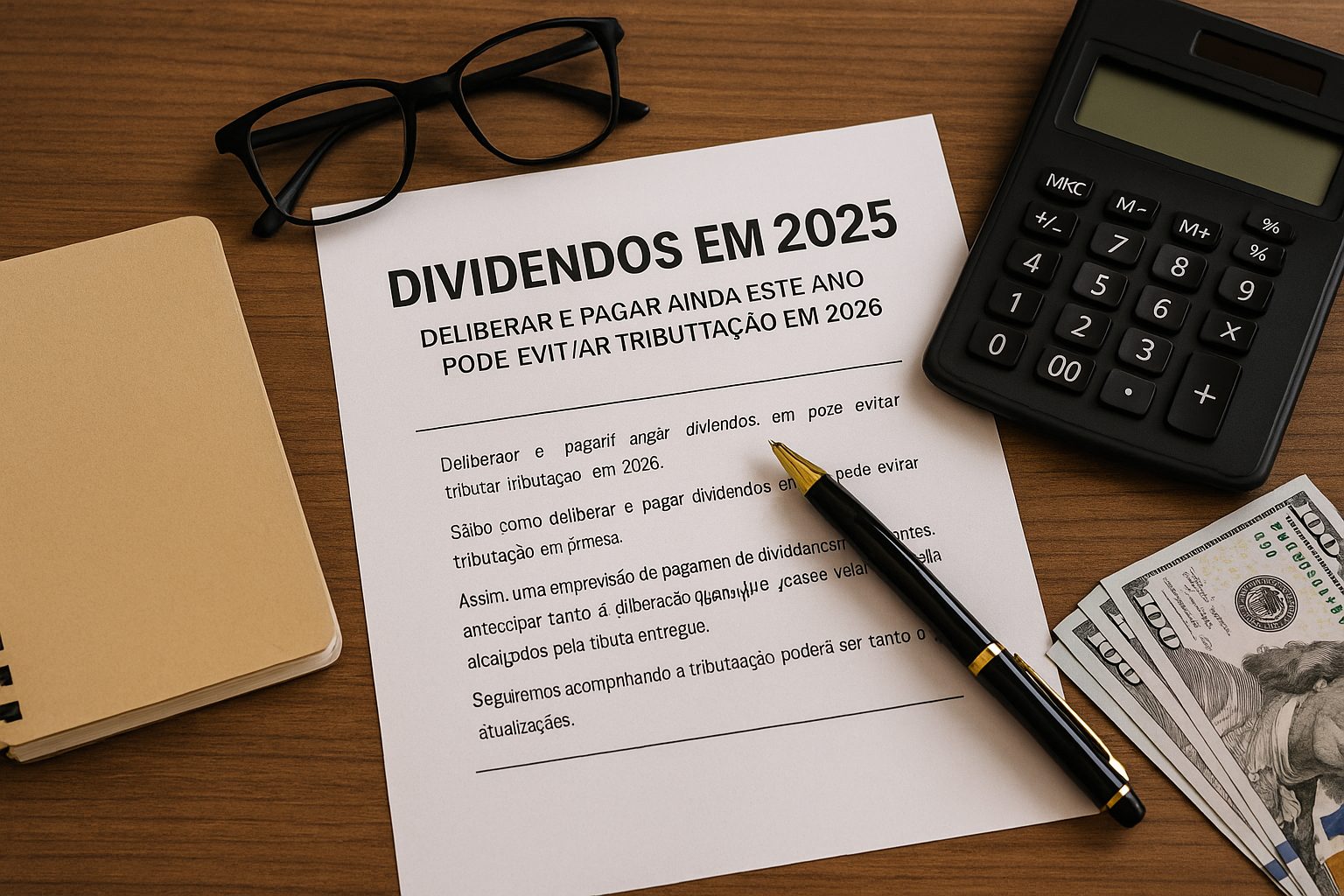 Imagem com foco em tributação de dividendos 2025, mostrando óculos, caneta, calculadora e notas de dólar ao lado de um documento impresso sobre finanças.