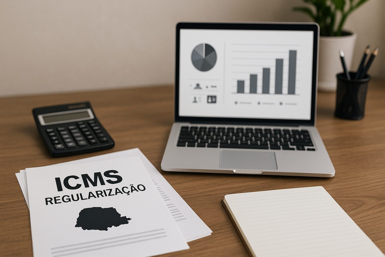 Mesa com notebook exibindo gráficos, calculadora e papéis; ambiente corporativo iluminado por luz natural.