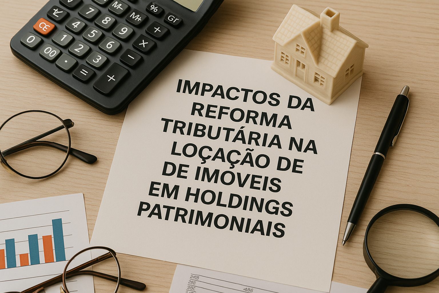 Mesa de escritório com calculadora, documentos fiscais, gráficos, óculos e miniatura de casa, representando os impactos da Reforma Tributária na locação de imóveis em holdings patrimoniais.
