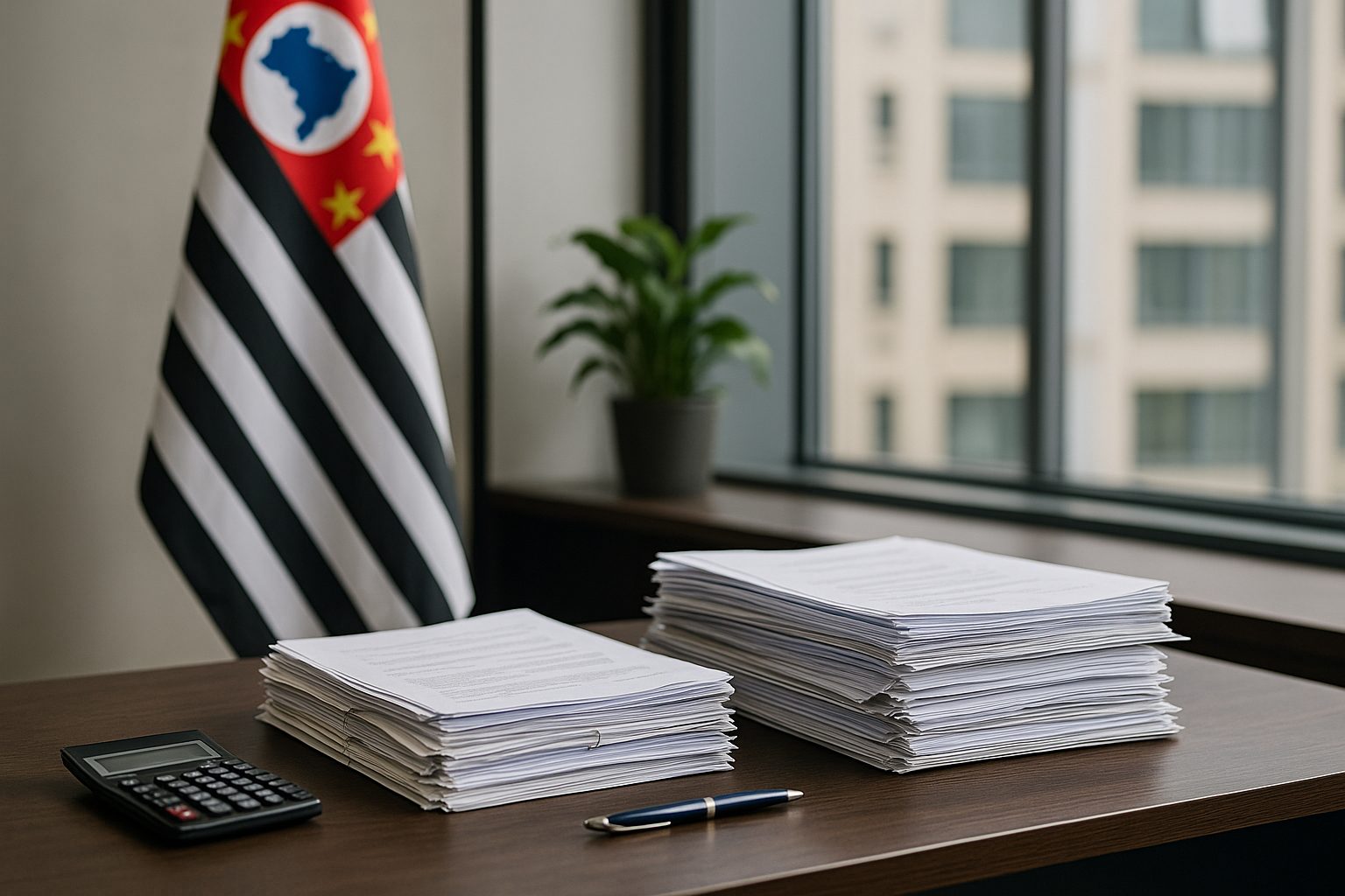 Uma foto realista mostrando mesa de escritório com pilhas de documentos fiscais, calculadora e bandeira do Estado de São Paulo ao fundo, sem textos visíveis, representando um ambiente institucional e tributário.